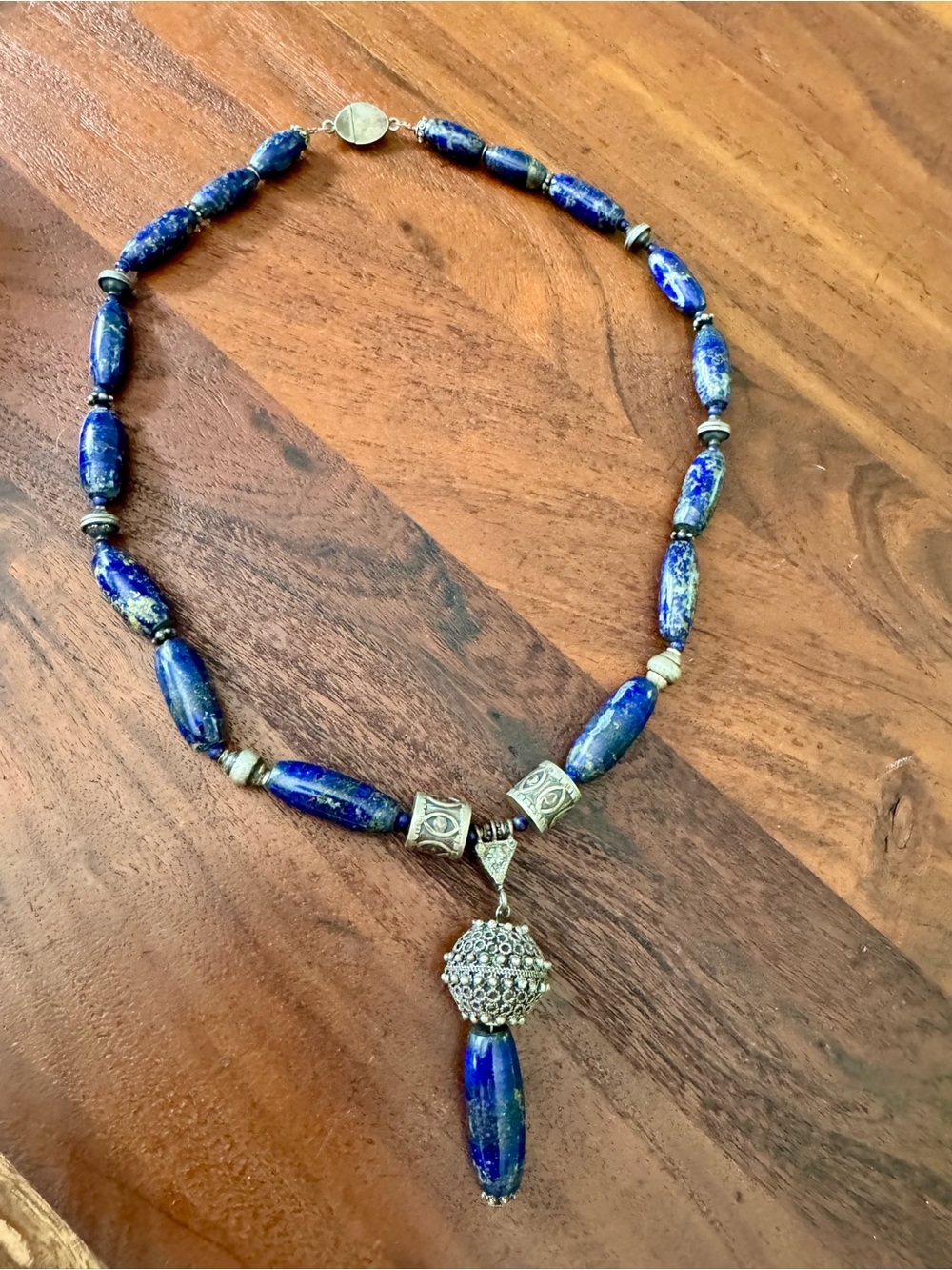 Vintage Lapis Lazuli & Silver Tone Beaded Statement Necklace 1980s